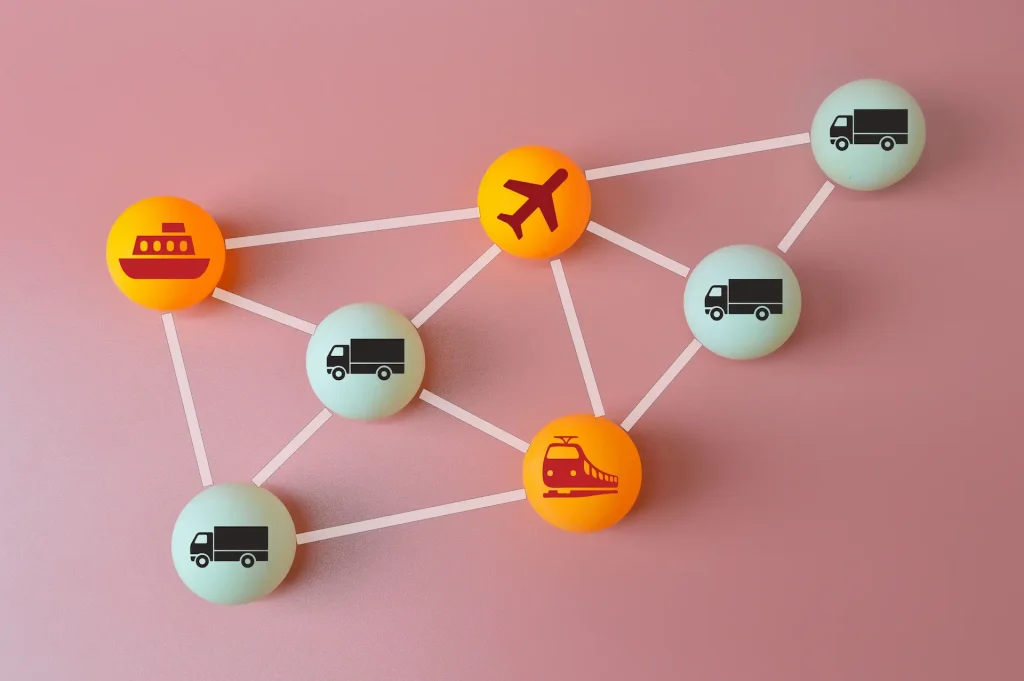 Connected logistics icons on white balls connected by white lines